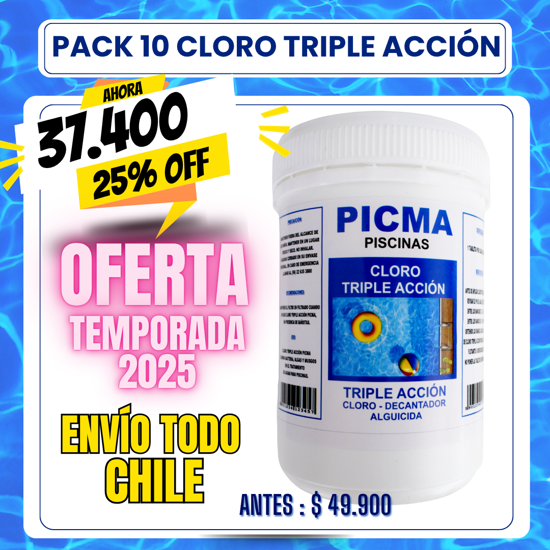 PACK 10 Cloro piscina triple acción 1 kg - 25% OFF